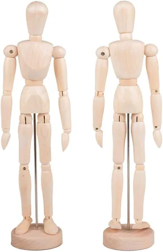 Paquete de 2 maniquíes de madera de 12 pulgadas de alto de hombres y mujeres, maniquíes de artista con adornos de soporte, ideal para pintura o