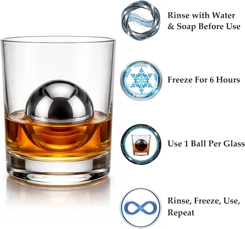Miniatura 9 de G&J's Finest Premium - Juego de 4 bolas de acero inoxidable para whisky, 2 bolas extragrandes y 2 de gran tamaño con bolsas para congelador y pinzas