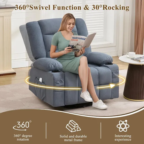 Miniatura 9 de Sillón reclinable de gran tamaño con masaje y calefacción lumbar, reclinable giratorio con control remoto, sofá individual para adultos, personas