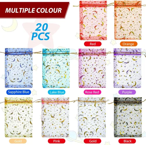Miniatura 2 de Cunno 20 Pcs Moon Organza Mesh Jewelry Bags bulk with Drawstring Moon Star Organza Bags Sheer Candy Jewelry Pouches Wedding Favor Gift 4 x 6 Inch