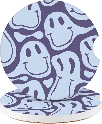 Miniatura 20 de Posavasos para automóvil, morado sonriente, absorbentes, paquete de 2 para portavasos con muesca para los dedos, cerámica de 2.56 pulgadas