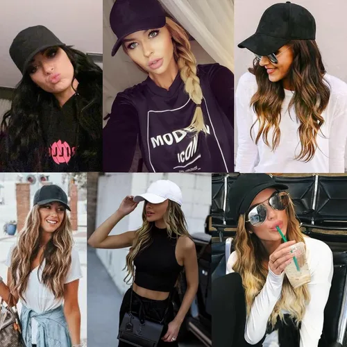 Miniatura 6 de Gorra de béisbol con peluca y extensiones de cabello, con piezas de cabello sintético marrón resistente al calor unidas, para mujeres y niñas