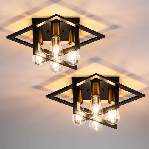 Miniatura 12 de Lámpara de techo semiempotrada, lámpara de techo industrial de 4 luces con marco negro y detalle de grano de madera, iluminación de granja cerca