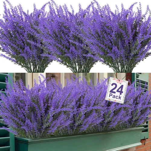 Ouddy Decor 24 Manojos de Flores Artificiales de Lavanda Falsas Plantas de Plástico para Hogar Boda Cocina Jardín Patio Caja de Ventana Mesa de
