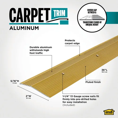 Miniatura 2 de M-D Building Products 79244 - Moldura de alfombra acanalada de aluminio de latón satinado de 2 pulgadas x 36 pulgadas con clavos de tornillo