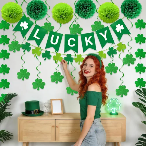 Miniatura 4 de 22 decoraciones de fiesta de despedida, pancarta de la suerte y guirnaldas de trébol, espirales colgantes, pompones para cumpleaños de la suerte