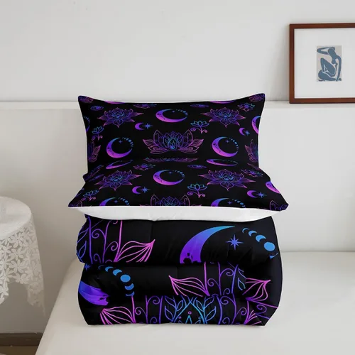 Miniatura 5 de Erosebridal Juego de ropa de cama bohemio con luna y loto bohemio, relleno de edredón negro de Fátima Hamsa, edredón hippie con ojos misteriosos