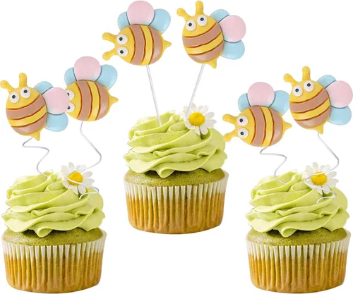 Miniatura 16 de ZHUOWEISM 1 decoración para pastel con diseño de abeja y flores con purpurina de panal de abejorros para pastel de cumpleaños, para temática