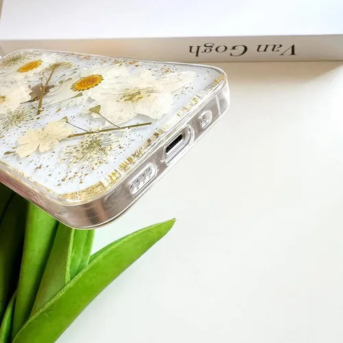 Miniatura 7 de LSEEKA Funda transparente para iPhone 13 Mini/iPhone 12 Mini con diseño de flores reales prensadas, con purpurina, bonito patrón floral blanco, Oro
