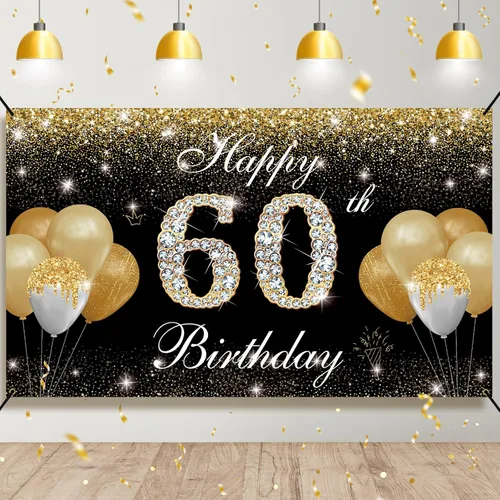 Decoraciones de feliz cumpleaños 60 para hombres y mujeres – Cartel de fondo de cumpleaños 60 negro y dorado, cartel de patio, accesorios de cabina