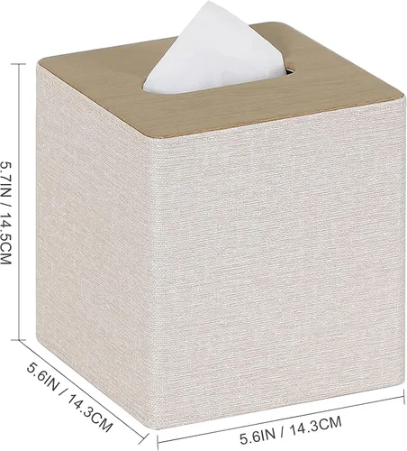 Miniatura 7 de Funda para caja de pañuelos cuadrada de piel sintética para caja de pañuelos facial para decoración de cómoda y baño (Beige)