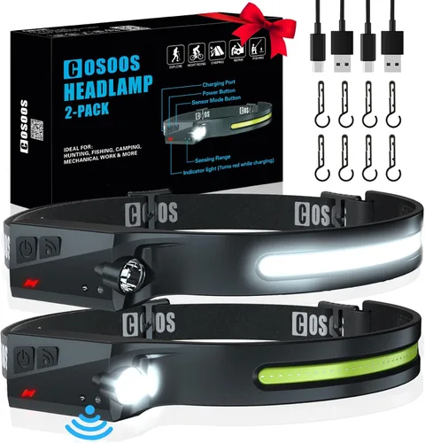 COSOOS 2 Linternas Frontales Recargables Originales, Linterna Frontal LED Brillante de 1000 Lúmenes, Haz Ancho de 230° y Luz Focal, Sensor de