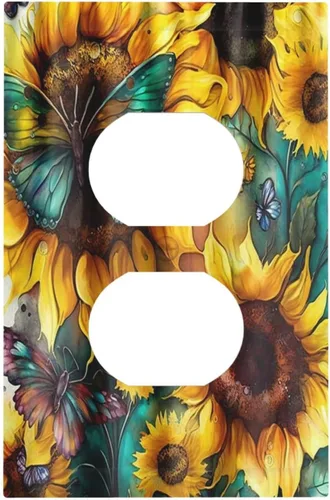 Cubiertas de salida de girasoles amarillos, mariposas verdes y verde azulado de 1 banda, cubierta de interruptor de luz dúplex de 1 banda, placa