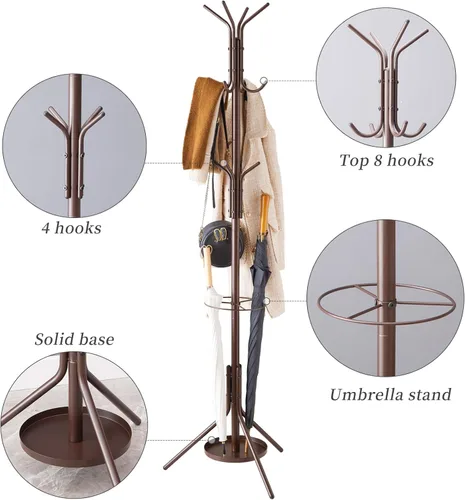 Miniatura 7 de Kitsanery Perchero independiente, árbol de metal con soporte para paraguas, sombrero y perchero para entrada, pasillo, sala de estar, dormitorio