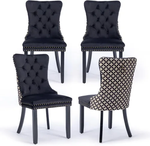 Miniatura 136 de Juego de 4 Sillas de Comedor de Terciopelo Tapizadas con Capitoné, Sillas Laterales de Cocina con Ribete de Tachuelas y Patas Chapadas en Oro