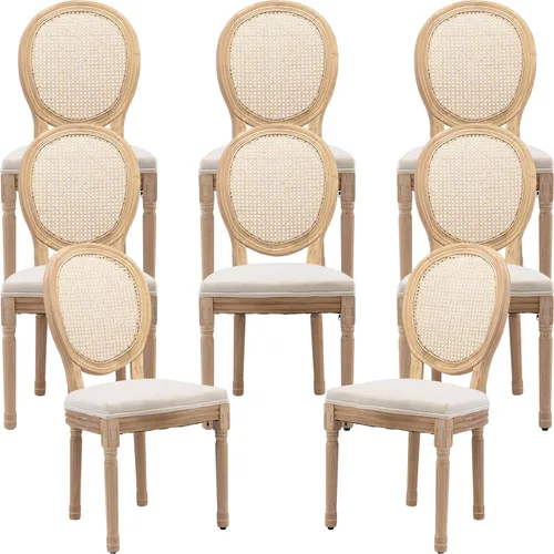 Miniatura 50 de Juego de 2 sillas de comedor de campo francés, sillas de comedor de madera de granja beige, silla de comedor con respaldo tejido con cojín tapizado