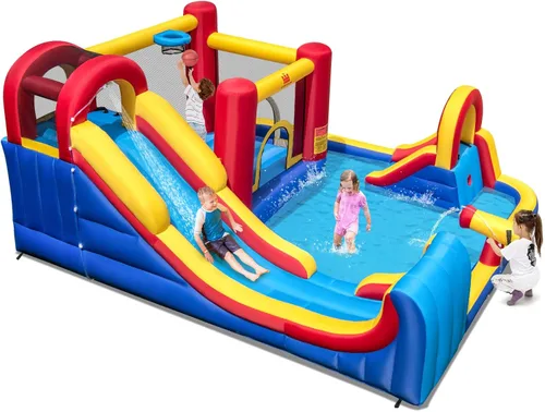 Miniatura 9 de BOUNTECH Tobogán acuático inflable, 7 en 1 doble tobogán para niños, parque acuático para niños, toboganes de agua inflables para exteriores