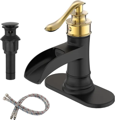 Miniatura 12 de BWE - Grifo de baño de cascada de una manija, cromado y dorado, para tocador con tapón de drenaje emergente con rebosadero, de un agujero, palanca