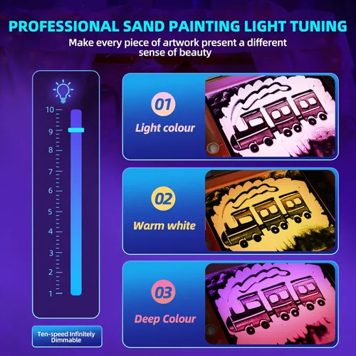 Miniatura 5 de Caja de luz de pintura de arena de 16 pulgadas, mesa sensorial portátil iluminada para niños y adultos, 3 modos de color y 10 niveles, mesa