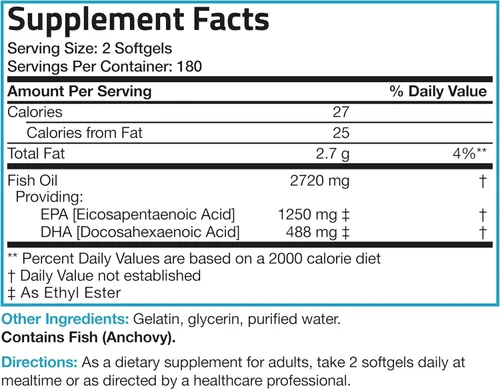 Miniatura 5 de Suplemento de aceite de pescado con Omega 3 de triple fuerza, 0,096 oz, 1250 EPA 488 DHA, sin OGM, sin gluten, el suplemento más potente con Omega 3