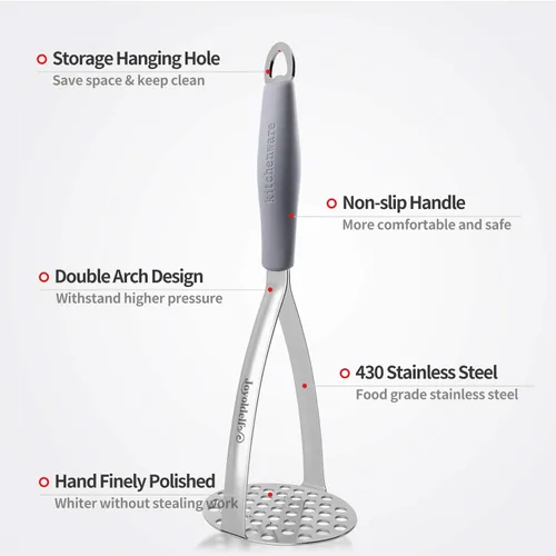 Miniatura 4 de Joyoldelf Triturador de papas de acero inoxidable resistente, herramienta de cocina integrada profesional y triturador de alimentos con mango de Gris