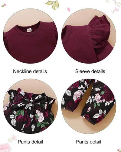 Miniatura 5 de YALLET 3 piezas de ropa de niña pequeña, color liso, manga larga, con volantes, pantalón floral + diadema floral