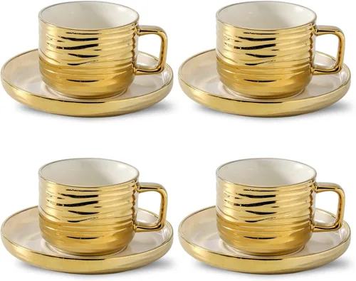 Miniatura 8 de LETAOTAO Juego de 4 tazas y platillos de expreso, tazas de café apilables de cerámica de 3 onzas con borde dorado, mini tazas Demitasse, juego