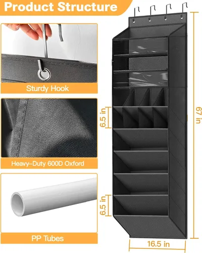 Miniatura 2 de Organizador de almacenamiento de zapatos sobre la puerta, zapatero colgante de 8 niveles detrás de la puerta con 6 bolsillos grandes y profundos, 8