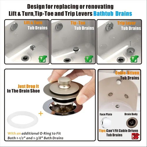 Miniatura 2 de Artiwell Tapón universal de drenaje de baño y tapa de elevación y giro, tapón de drenaje de bañera, reemplaza la elevación y giro, desagües