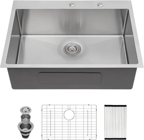 Miniatura 20 de Fregadero de cocina de 25 pulgadas, fregadero de un solo cuenco, color negro mate, calibre 18, 25 x 22 pulgadas, acero inoxidable, montaje superior