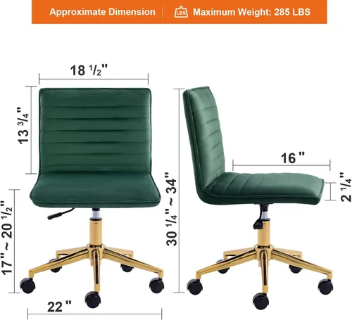 Miniatura 2 de Silla de escritorio de oficina en terciopelo sin brazos Furnimart Silla de escritorio ajustable para tareas Silla de escritorio de oficina pequeña