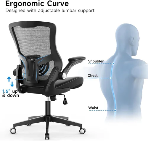 Miniatura 4 de Silla de oficina ergonómica de escritorio de 350 libras, cómoda silla de computadora de malla con soporte lumbar ajustable, reposabrazos abatibles
