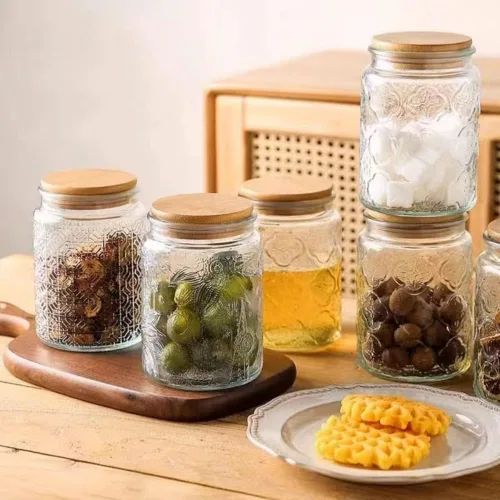 Miniatura 6 de ANSQU Juego de 2 tarros de vidrio vintage, tarros de caramelo de 23.7 onzas líquidas con tapas, tarros de azúcar para despensa de cocina del hogar