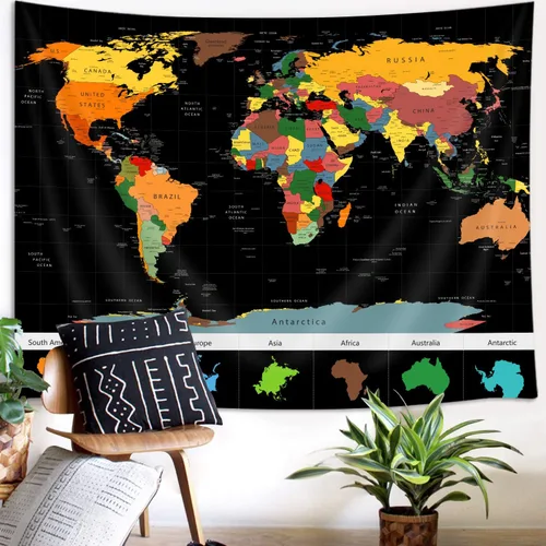 Miniatura 5 de Xguatan Tapiz de mapa del mundo para niños y estudiantes, mapa del mundo vintage, países educativos, ciudades, tapiz colgante de pared para aula