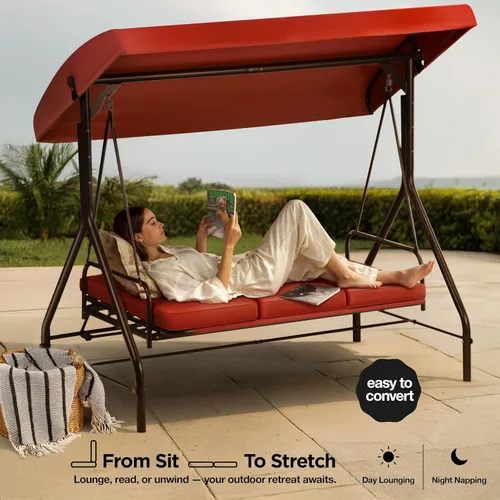 Miniatura 2 de Columpio para porche, columpio de 3 asientos para patio al aire libre con toldo para adultos, cama deslizante convertible, cojines gruesos