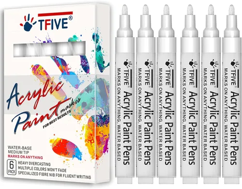 Rotuladores de pintura acrílica blanca, punta media de 0.079 a 0.118 pulgadas, paquete de 6 bolígrafos permanentes de pintura a base de agua blanca