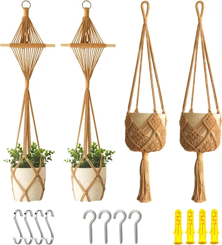 Miniatura 12 de Maceta Colgante con Patrones, Juego de 4 Colgadores de Macramé para Plantas de Interior, para Macetas de hasta 8 Pulgadas, Soporte de Ganchillo Boho