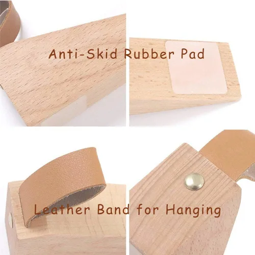 Miniatura 7 de Paquete de 2 topes grandes de madera para puerta, antideslizantes, de seguridad, con correa de cuero para colgar tope de puerta, en casa