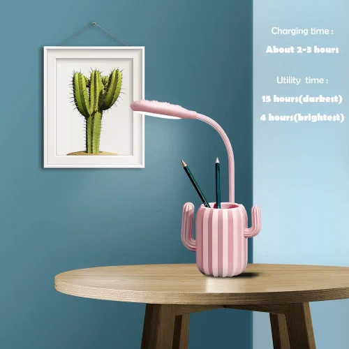 Miniatura 3 de Luz LED de escritorio de cactus, lámpara de protección ocular regulable + soporte para bolígrafo para lectura de estudio de oficina (rosa)