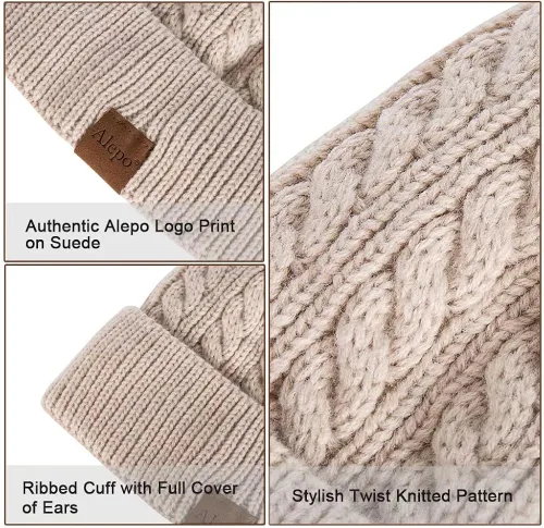 Miniatura 4 de Alepo Womens Winter Beanie Hat Warm Fleece Lined Knitted Soft Ski Cuff Cap with Pom Pom