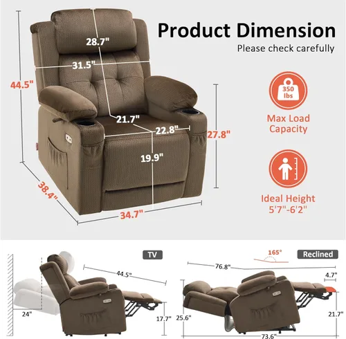 Miniatura 3 de MCombo Sillón reclinable eléctrico de triple motor con masaje y calor, silla reclinable eléctrica para personas mayores, reposacabezas ajustable