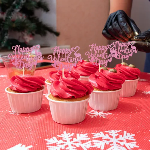 Miniatura 5 de Paquete de 24 adornos para cupcakes con purpurina en forma de corazón con temática de amor dulce, decoración de pasteles para el día de San