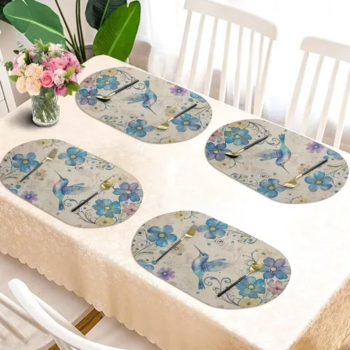 Miniatura 3 de Blue Flower Dining Table Mats Set of 2 Hummingbird Heat Resistant Placemats Washable and Wipeable Non Slip Place Mat, Waterproof Modern Dining Table