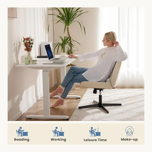 Miniatura 8 de DUMOS Silla de escritorio sin ruedas, silla cruzada ancha con patas cruzadas, silla de tocador de escritorio de oficina, sillas giratorias Beige