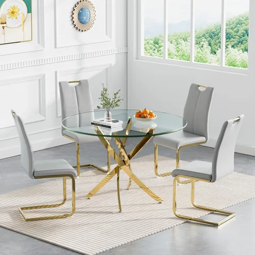 Miniatura 28 de Juego de mesa de comedor redonda de 3 piezas para 2, mesa de cocina moderna de vidrio plateado y sillas para 2 con sillas tapizadas, juego de mesa