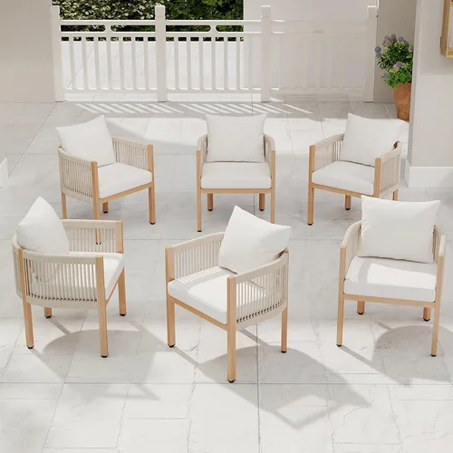 Miniatura 12 de Juego de 2 sillas de comedor al aire libre, juego de muebles de patio de mimbre con reposabrazos, respaldo acolchado, sillas de comedor de barril