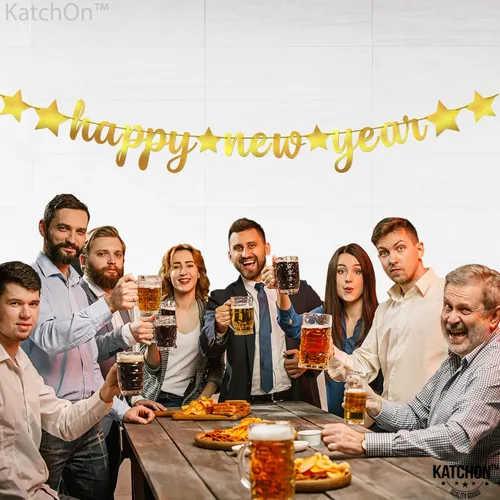 Miniatura 6 de KatchOn, Pancarta de Feliz Año Nuevo de Oro Brillante - 3.05 metros, Pre - Enhebrado Telón de Fondo de Feliz Año Nuevo para Decoraciones de Año