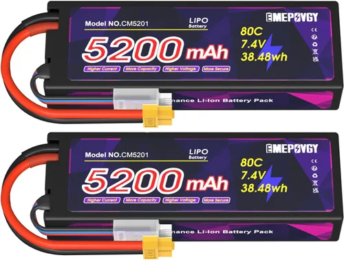 Batería Lipo de 7.4V 2S 5200mAh 80C Lipos Estuche rígido con conector XT60 para coches RC camiones 1/8 1/10 vehículos RC (2 paquetes)