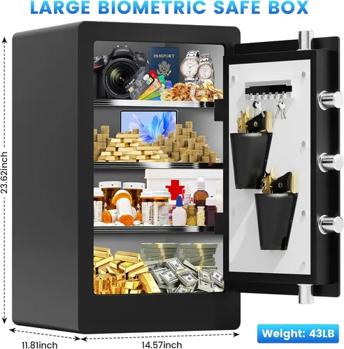 Miniatura 2 de Caja de seguridad biométrica ignífuga grande de 23.62 pulgadas de alto, resistente acceso rápido con bolsa de documentos ignífuga, 3 estantes