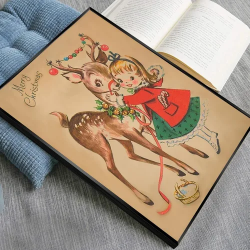 Miniatura 4 de Huabsad Arte de pared vintage de Navidad, regalos retro para niños, niñas lindas abrazando ciervos, impresiones estéticas de imágenes rústicas